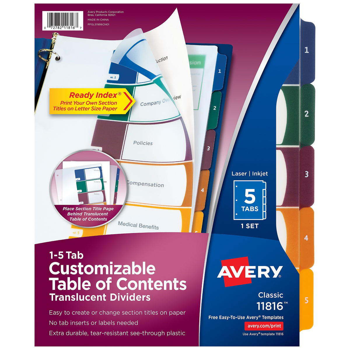 Avery Ready Index Table of Contents Plastic Dividers, 1-5 Tabs, Multicolor