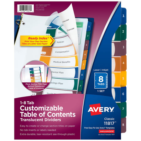 Avery Ready Index Table of Contents Plastic Dividers, 1-8 Tabs, Multicolor