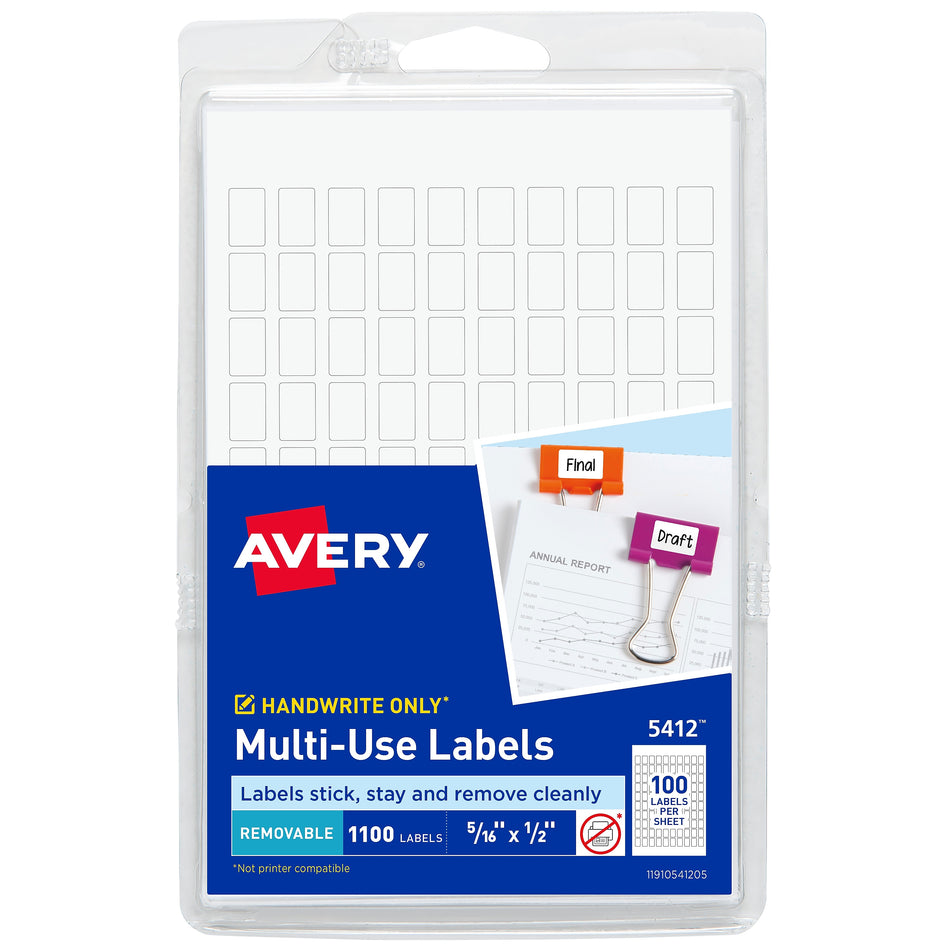 Avery Removable Hand Written Multipurpose Labels, 5/16" x 1/2", White, 100 Labels/Sheet, 11 Sheets/Pack, 1100 Labels/Pack