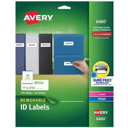 Avery Removable Inkjet/Laser Labels, 1" x 2 5/8", White, 750 Labels Per Pack