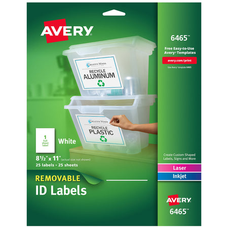 Avery Removable Laser ID Labels, 8-1/2" x 11", White, 1 Label/Sheet, 25 Sheets/Pack