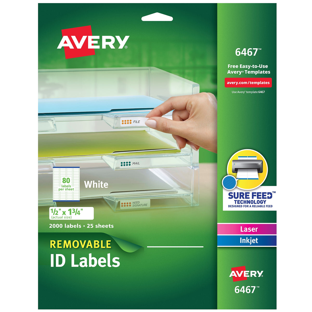 Avery Removable Laser/Inkjet ID Labels, 1/2" x 1-3/4", White, 80 Labels/Sheet, 25 Sheets/Pack