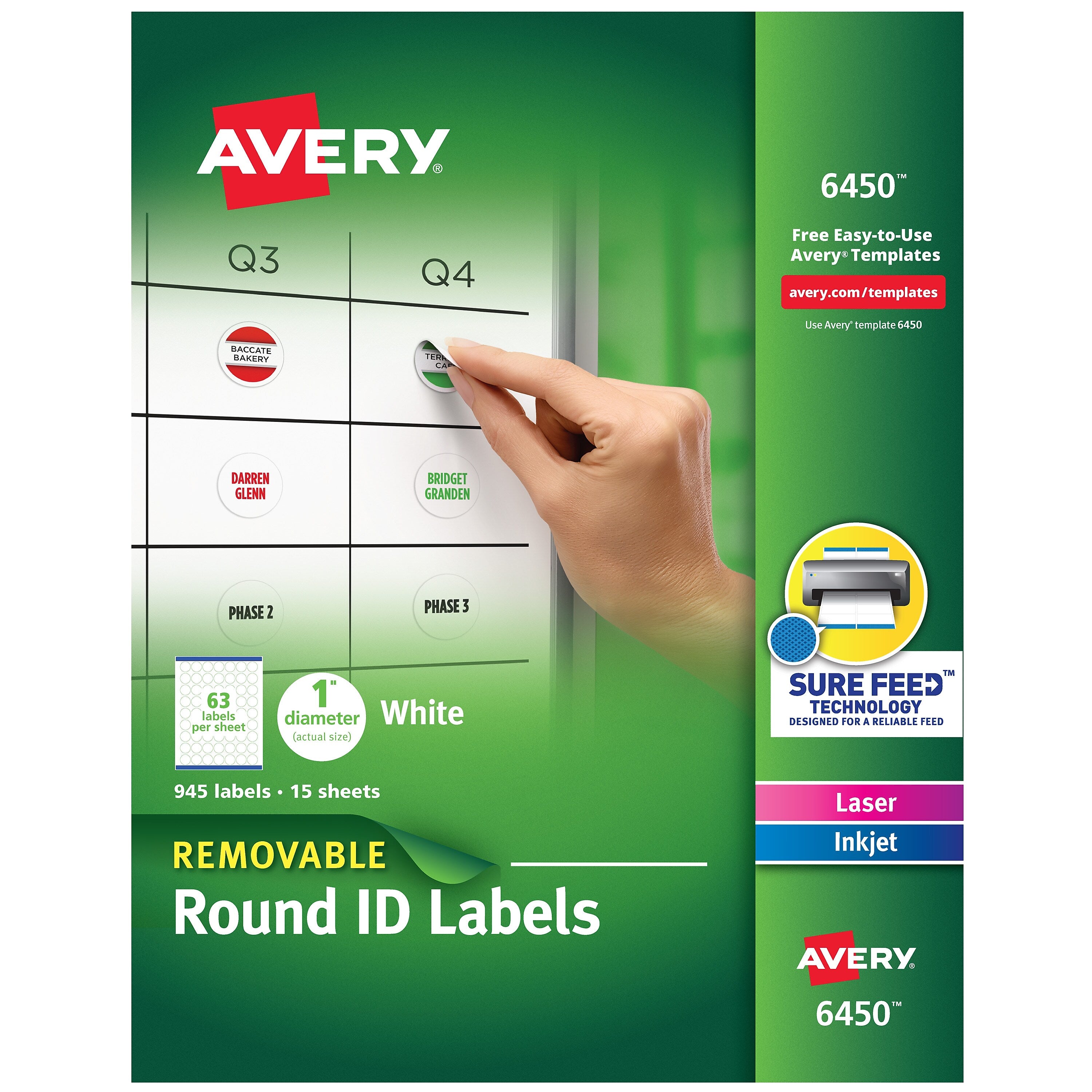 Avery Removable Laser/Inkjet Identification Labels, 1" Dia., White, 63 Labels/Sheet, 15 Sheets/Pack