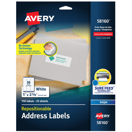 Avery Repositionable Inkjet Address Labels, 1" x 2-5/8", White, 30 Labels/Sheet, 25 Sheets/Pack