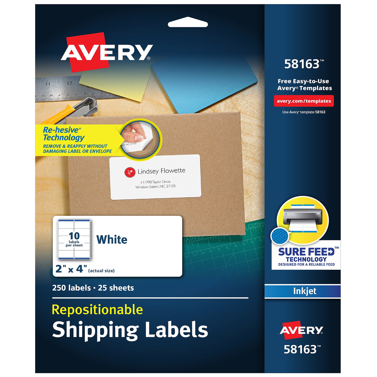 Avery Repositionable Inkjet Shipping Labels, 2" x 4", White, 10 Labels/Sheet, 25 Sheets/Box