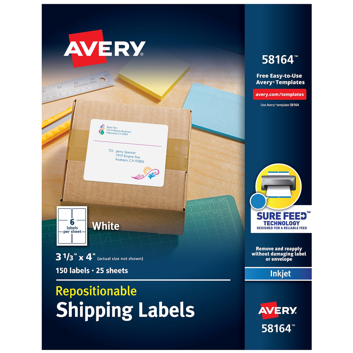 Avery Repositionable Inkjet Shipping Labels, 3-1/3" x 4", White, 6 Labels/Sheet, 25 Sheets/Box