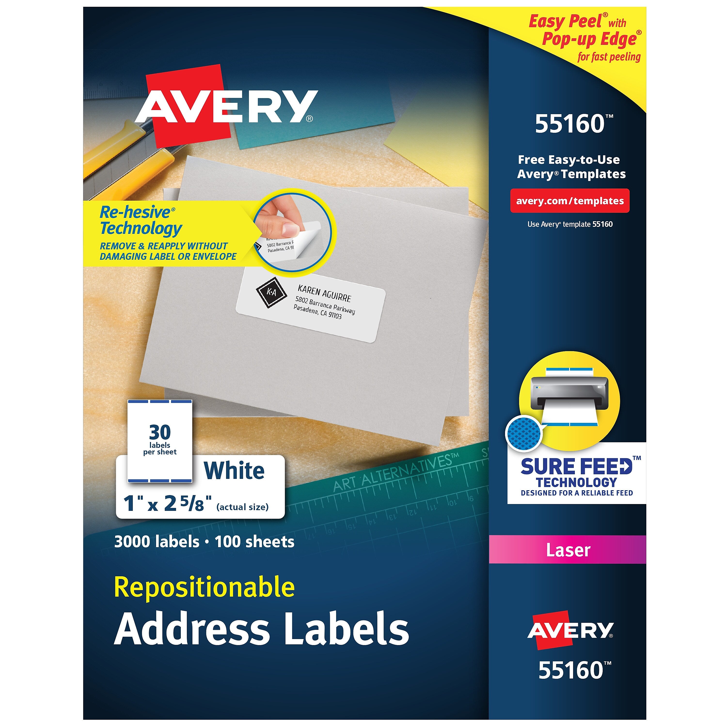 Avery Repositionable Laser Address Labels, 1" x 2-5/8", White, 30 Labels/Sheet, 100 Sheets/Box