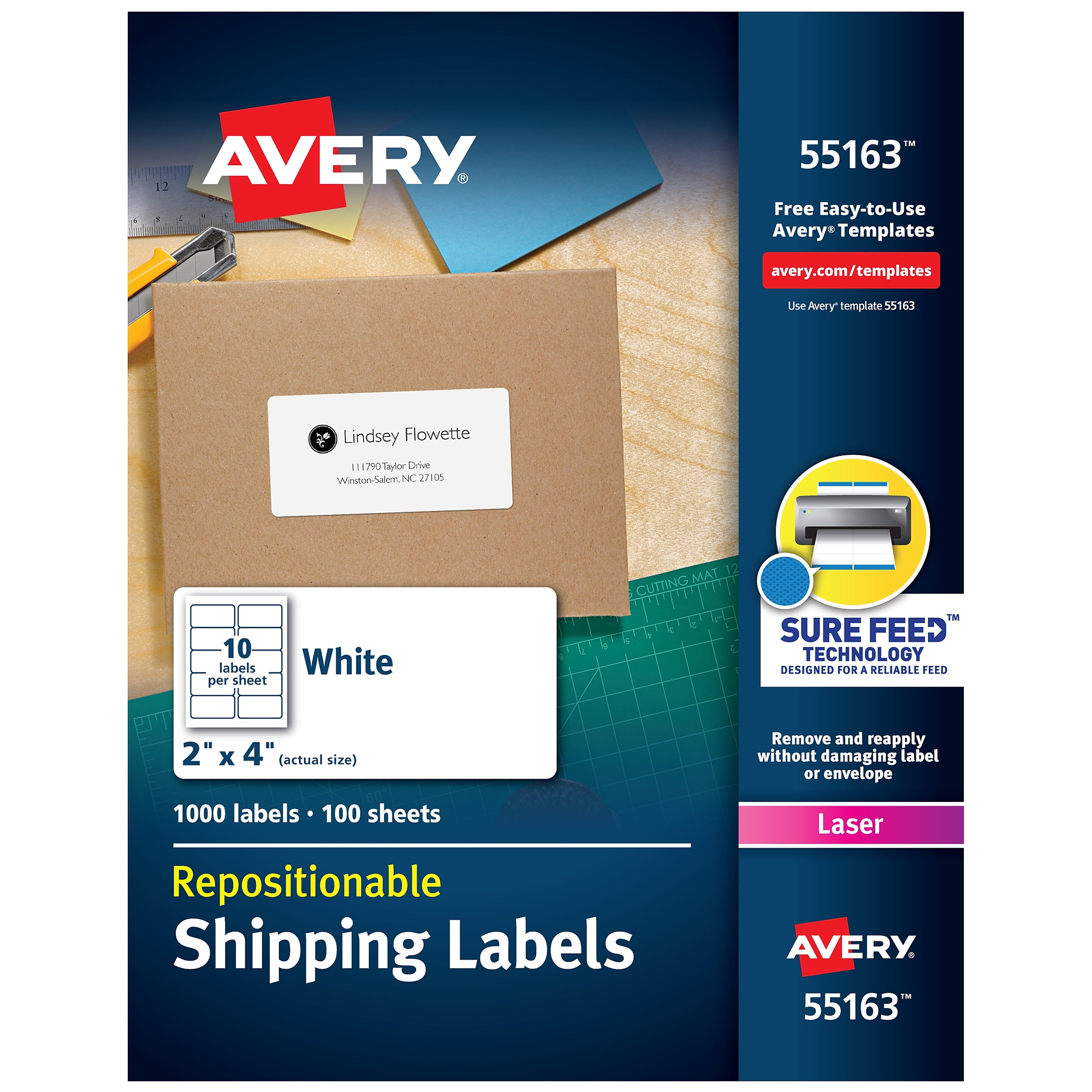 Avery Repositionable Laser Shipping Labels, 2" x 4", White, 10 Labels/Sheet, 100 Sheets/Box