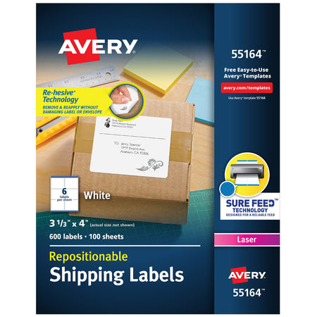 Avery Repositionable Laser Shipping Labels, 3-1/3" x 4", White, 6 Labels/Sheet, 100 Sheets/Box