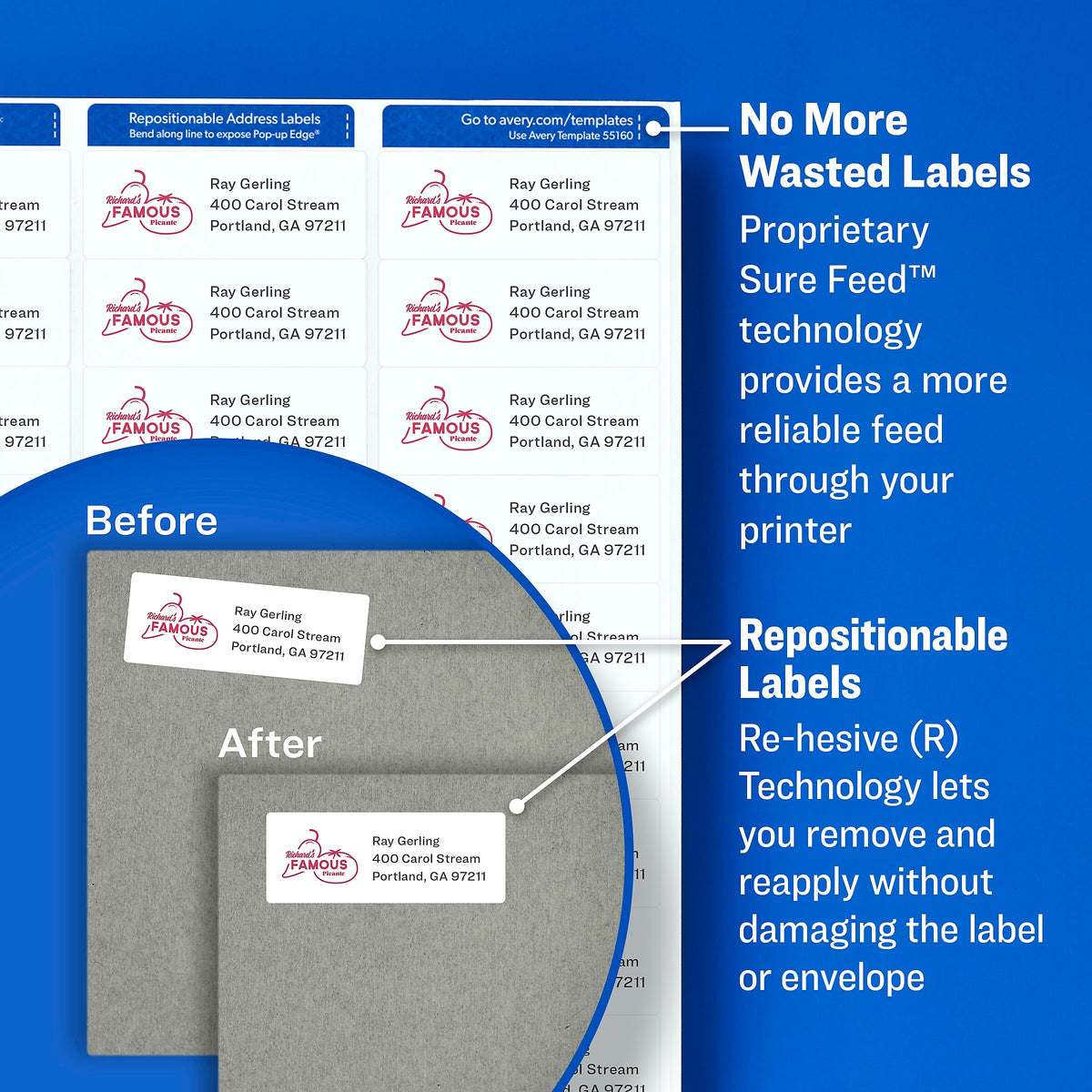 Avery Repositionable Laser Shipping Labels, 3-1/3" x 4", White, 6 Labels/Sheet, 100 Sheets/Box