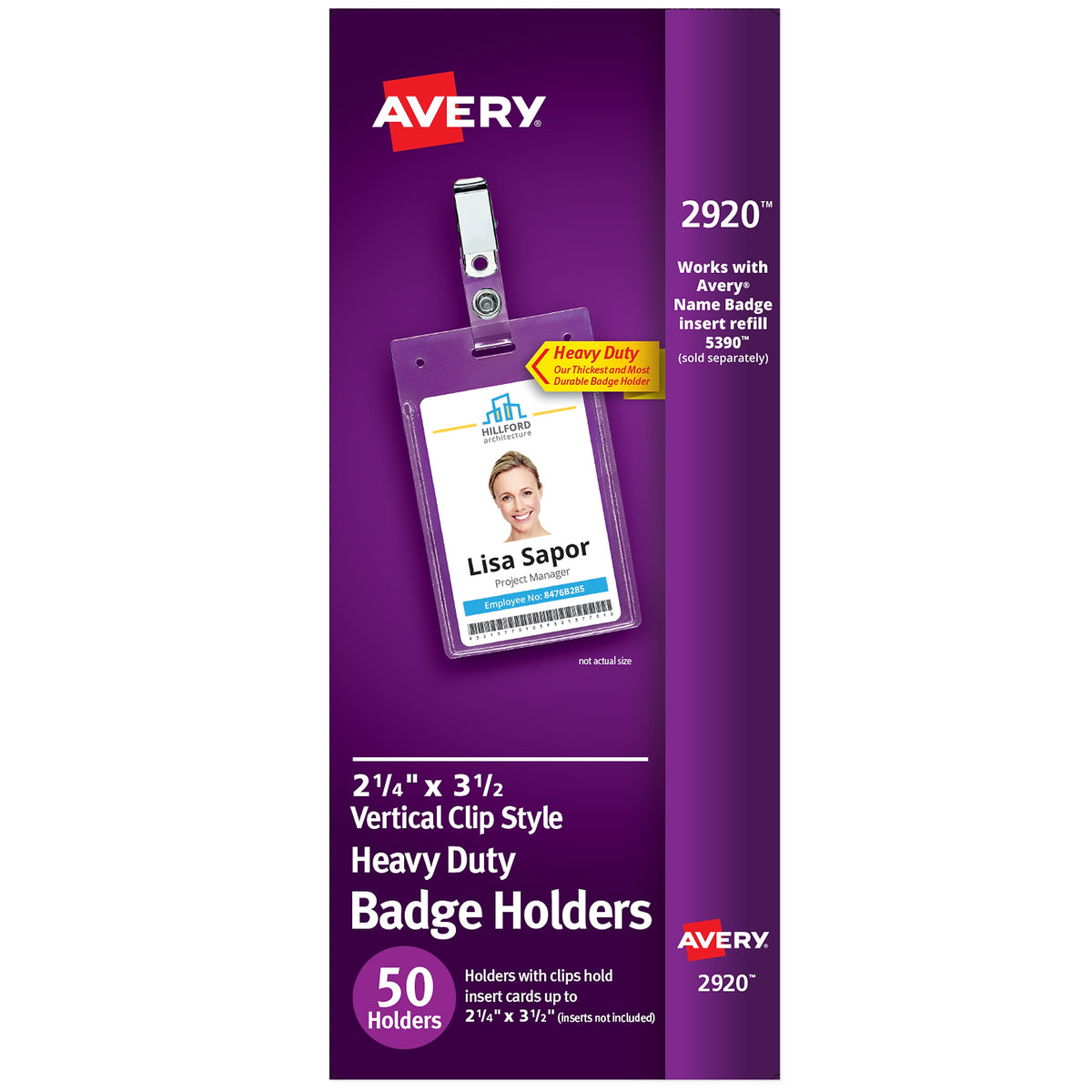 Avery Secure Top Heavy Duty Clip Style Name Badge Holders, 3 1/2" x 2 1/4", Clear Portrait Holders, 50/Box