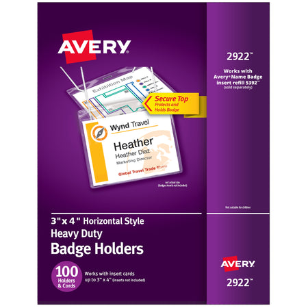 Avery Secure Top Heavy Duty Hanging Style Name Badge Holders, 3" x 4", Clear Landscape Holders, 100/Box