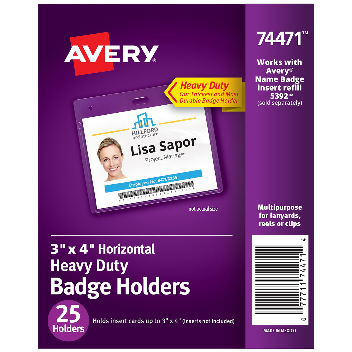 Avery Secure Top Heavy Duty Multiuse Badge Holders, 3" x 4", Clear Landscape Holders, 25/Pack