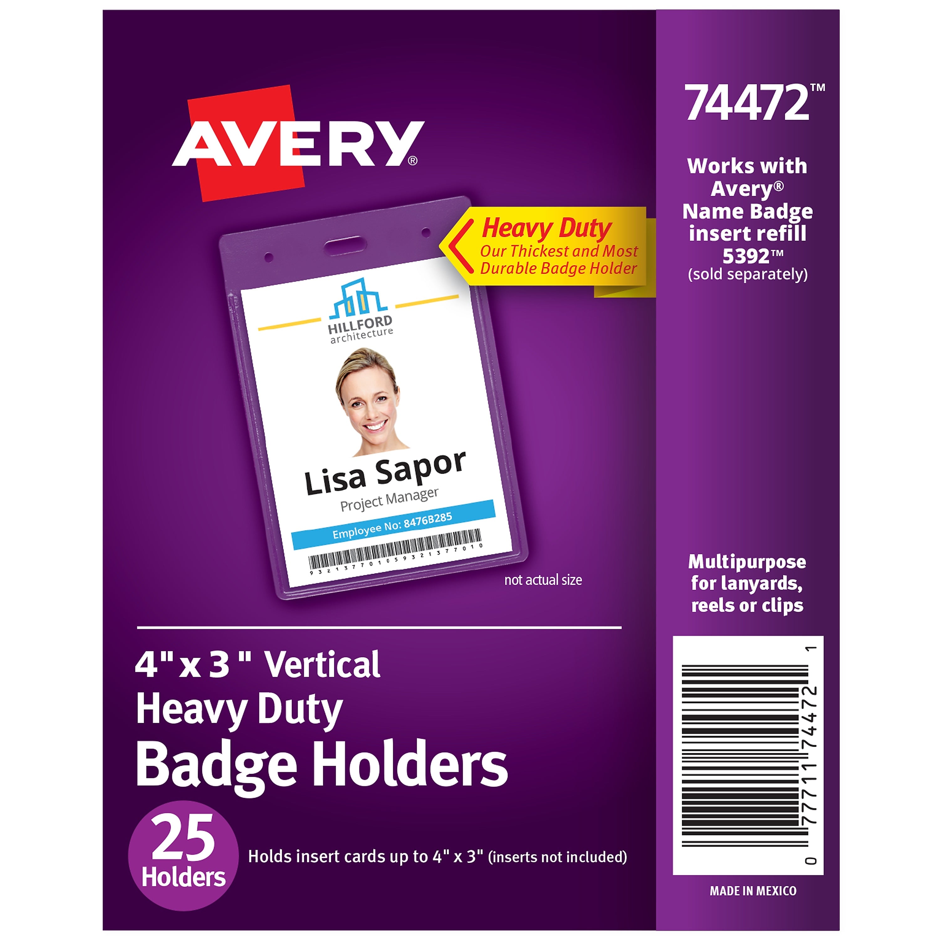 Avery Secure Top Heavy Duty Multiuse Badge Holders, 4" x 3", Clear Portrait Holders, 25/Pack