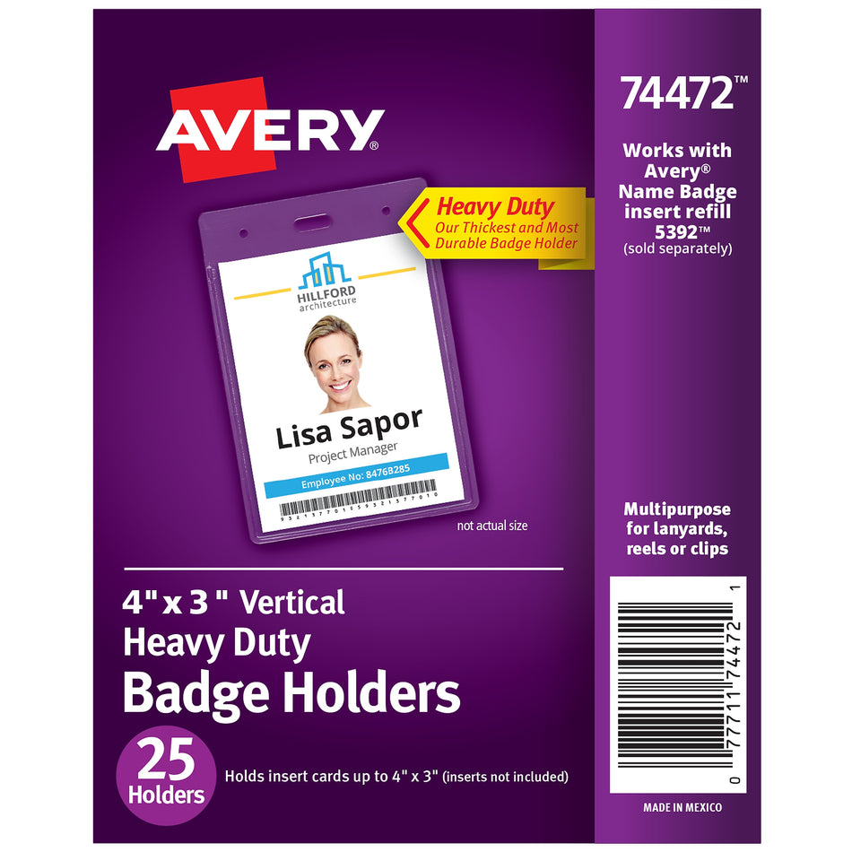 Avery Secure Top Heavy Duty Multiuse Badge Holders, 4" x 3", Clear Portrait Holders, 25/Pack