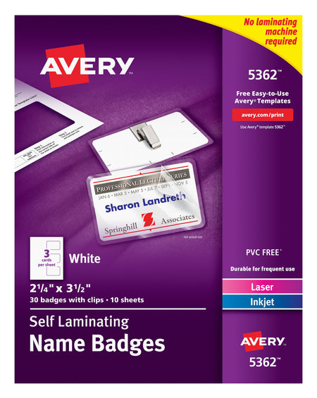 Avery Self-Laminating Clip Style Name Badges, 2 1/4" x 3 1/2", White, 30 Badges Per Box