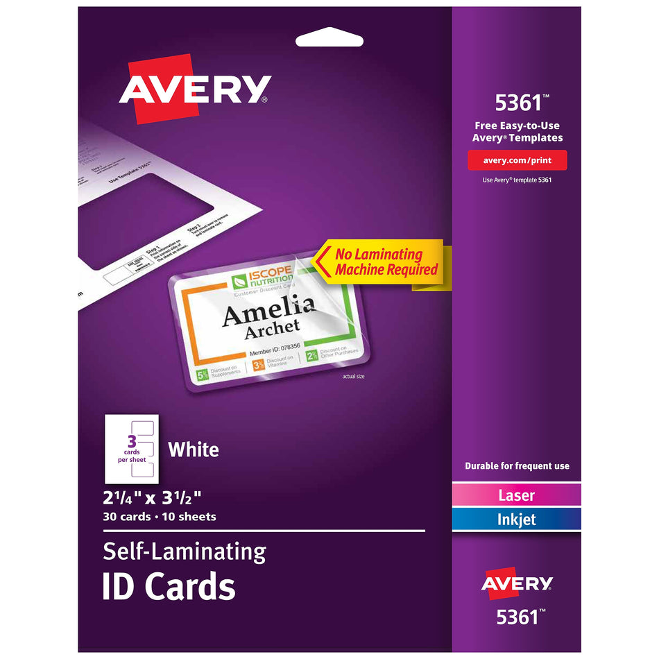 Avery Self-Laminating ID Cards, Matte White, 30/Pack