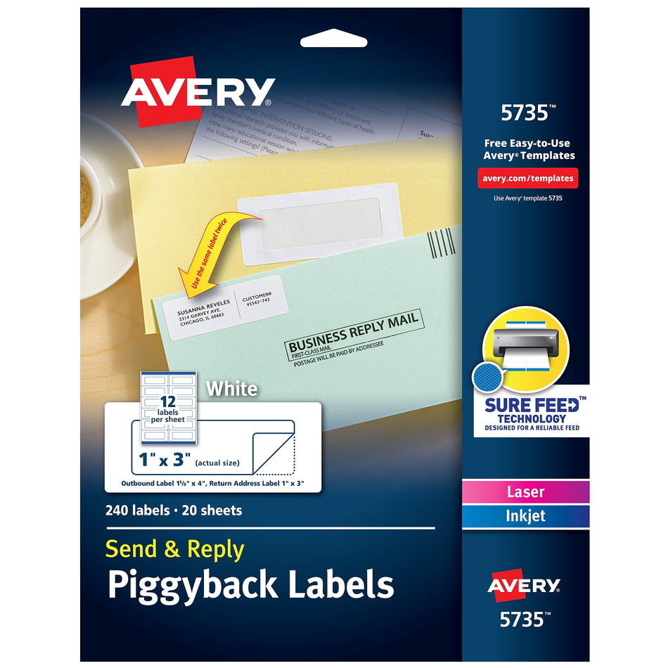 Avery Send & Reply Laser/Inkjet Mailing Labels, 12 Labels/Sheet, 20 Sheets/Pack