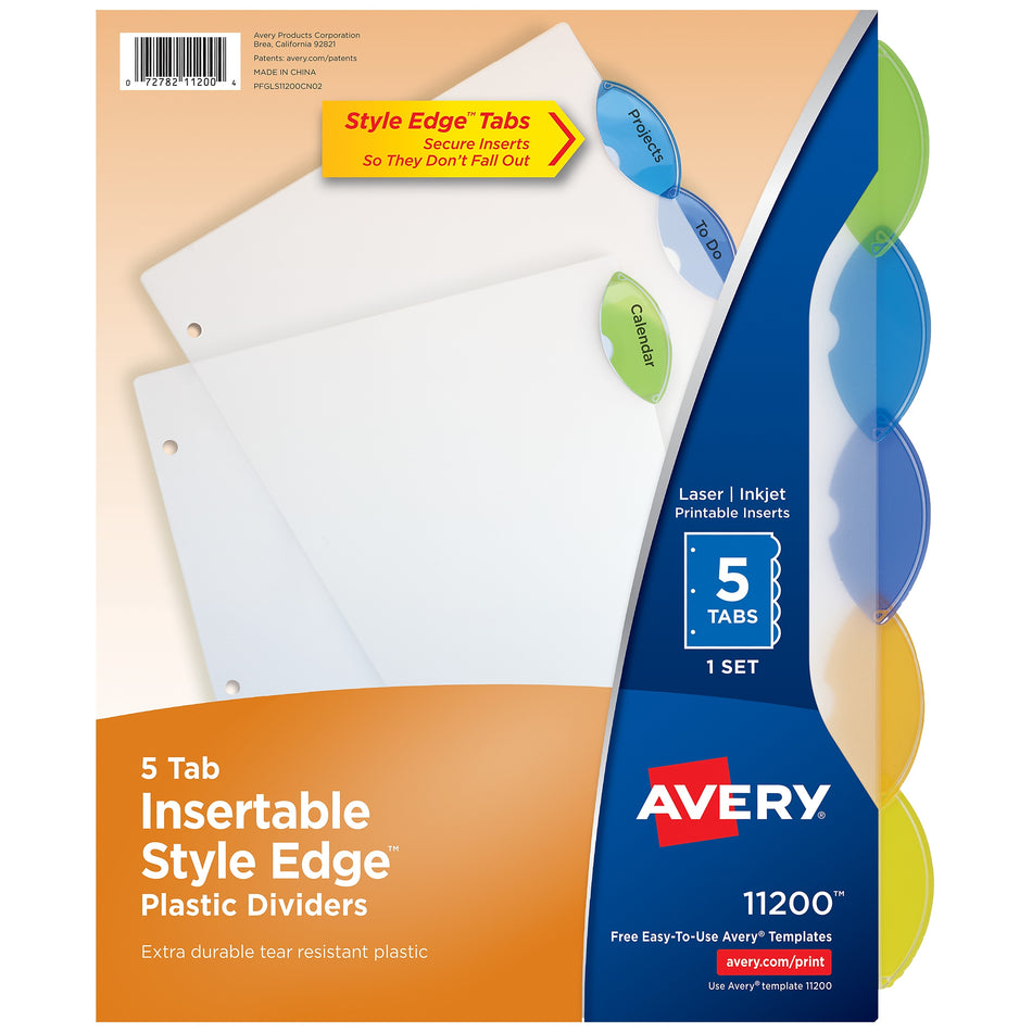 Avery Style Edge Insertable Plastic Dividers, 5-Tab, Assorted, 120/Carton