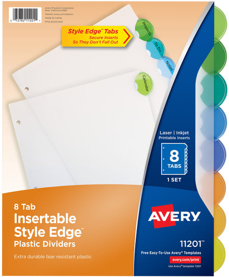 Avery Style Edge Insertable Plastic Dividers, 8 Tab, Multicolor