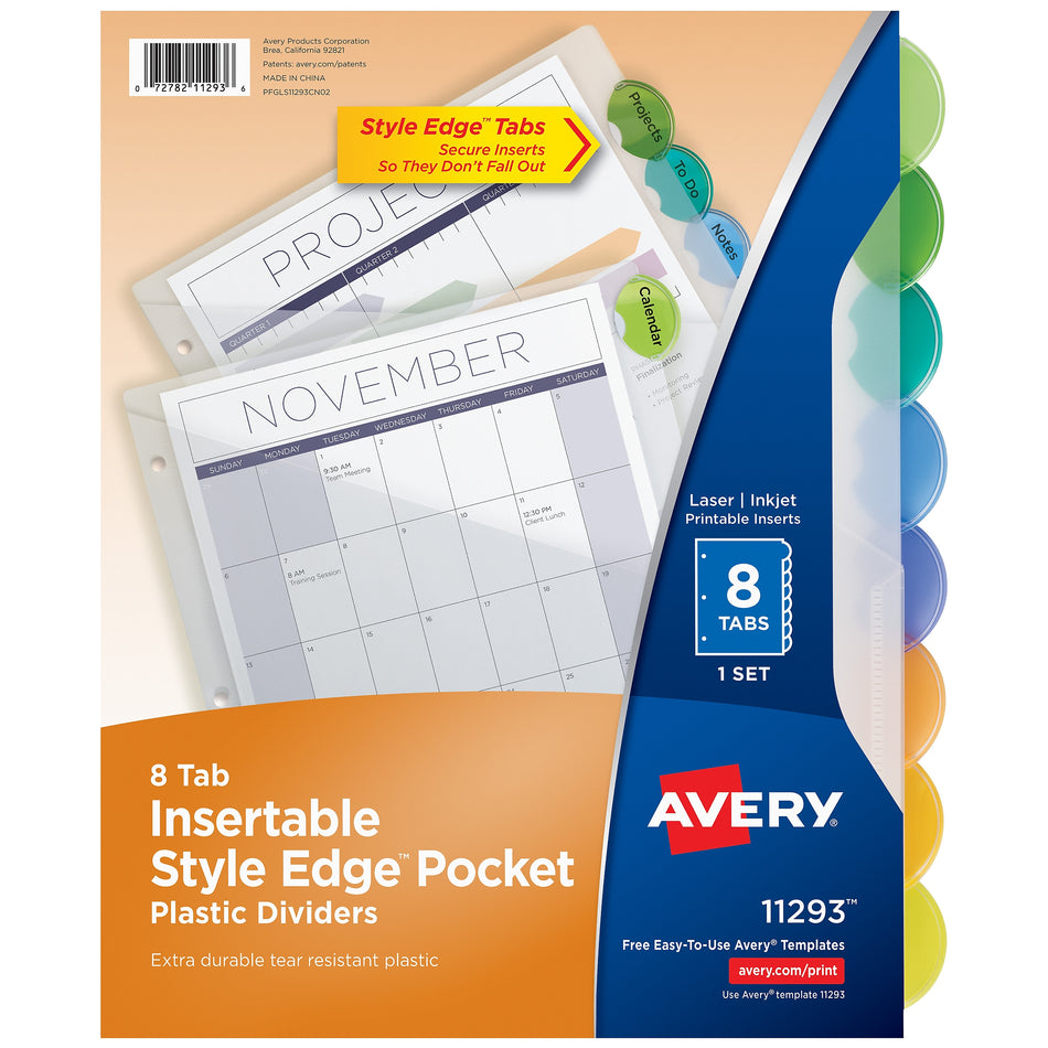 Avery Style Edge Insertable Plastic Dividers with Pocket, 8 Tabs, Multicolor