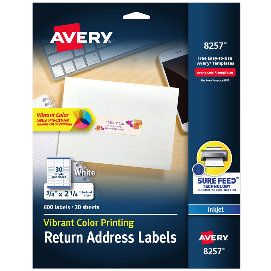 Avery Sure Feed Inkjet Return Address Labels, 3/4" x 2-1/4", 30 Labels/Sheet, 20 Sheets/Pack