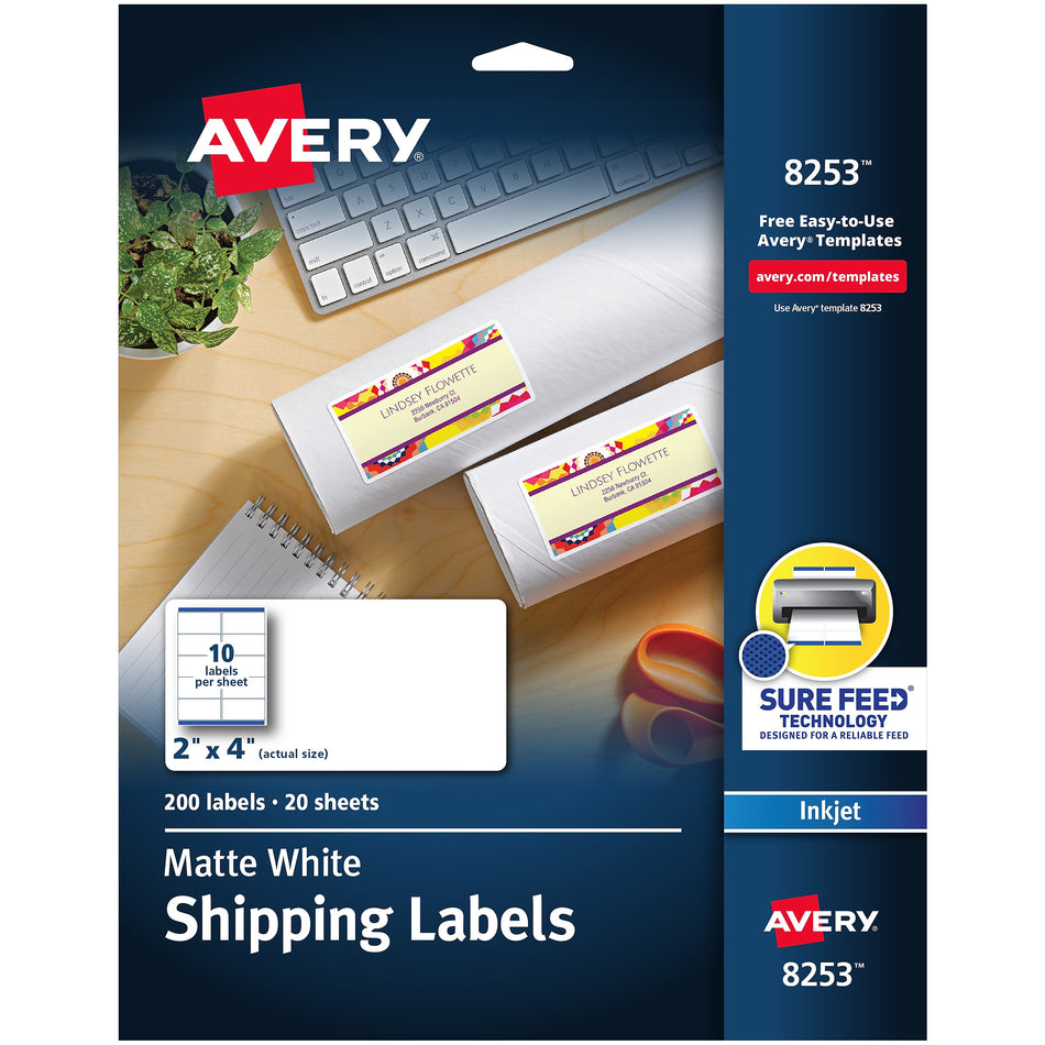 Avery Sure Feed Inkjet Shipping Labels, 2" x 4", White, 10 Labels/Sheet, 20 Sheets/Pack, 200 Labels/Pack