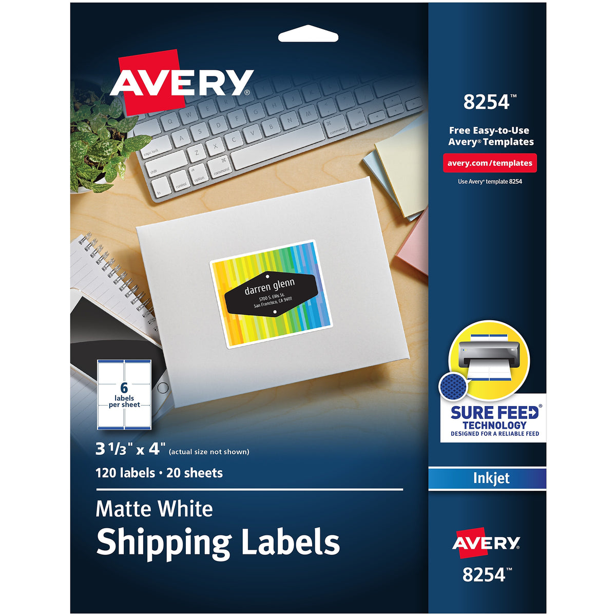 Avery Sure Feed Inkjet Shipping Labels, 3-1/3" x 4", White, 6 Labels/Sheet, 20 Sheets/Pack, 120 Labels/Pack