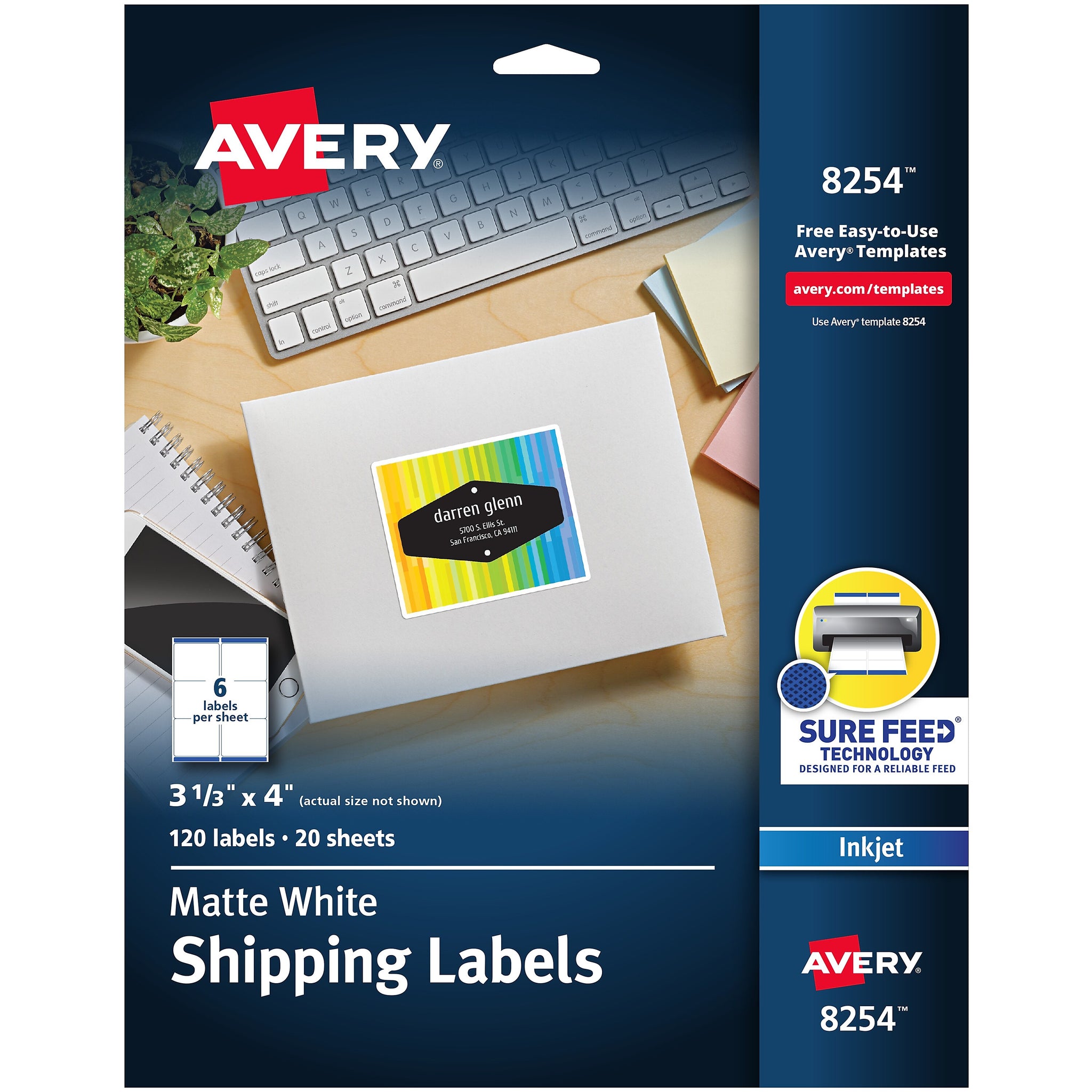 Avery Sure Feed Inkjet Shipping Labels, 3-1/3
