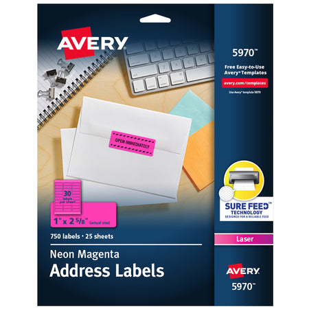 Avery Sure Feed Laser Address Labels, 1" x 2 5/8", Neon Pink, 30 Labels/Sheet, 25 Sheets/Pack