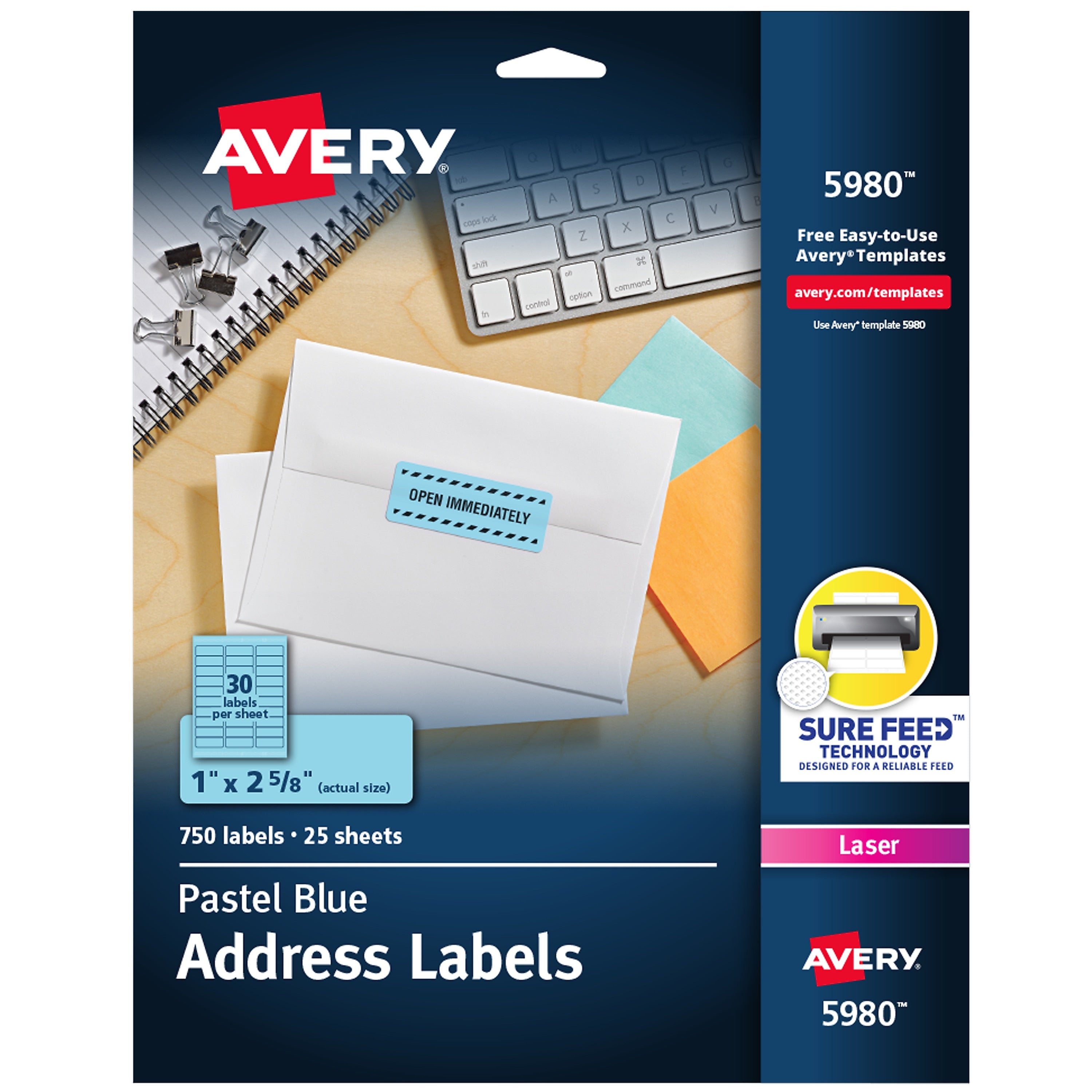 Avery Sure Feed Laser Address Labels, 1" x 2 5/8", Pastel Blue, 30 Labels/Sheet, 25 Sheets/Pack