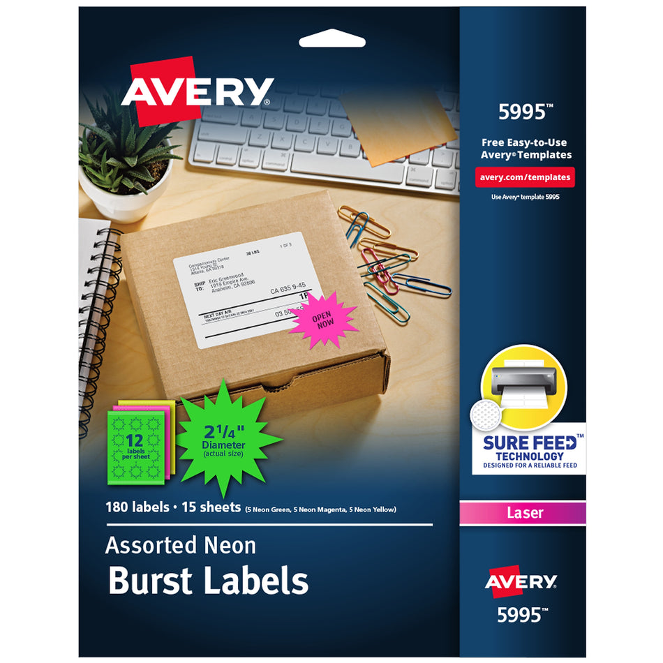 Avery Sure Feed Laser Burst Label, 2 1/4" Diameter, Assorted Neon, 12 Labels/Sheet, 15 Sheets/Pack