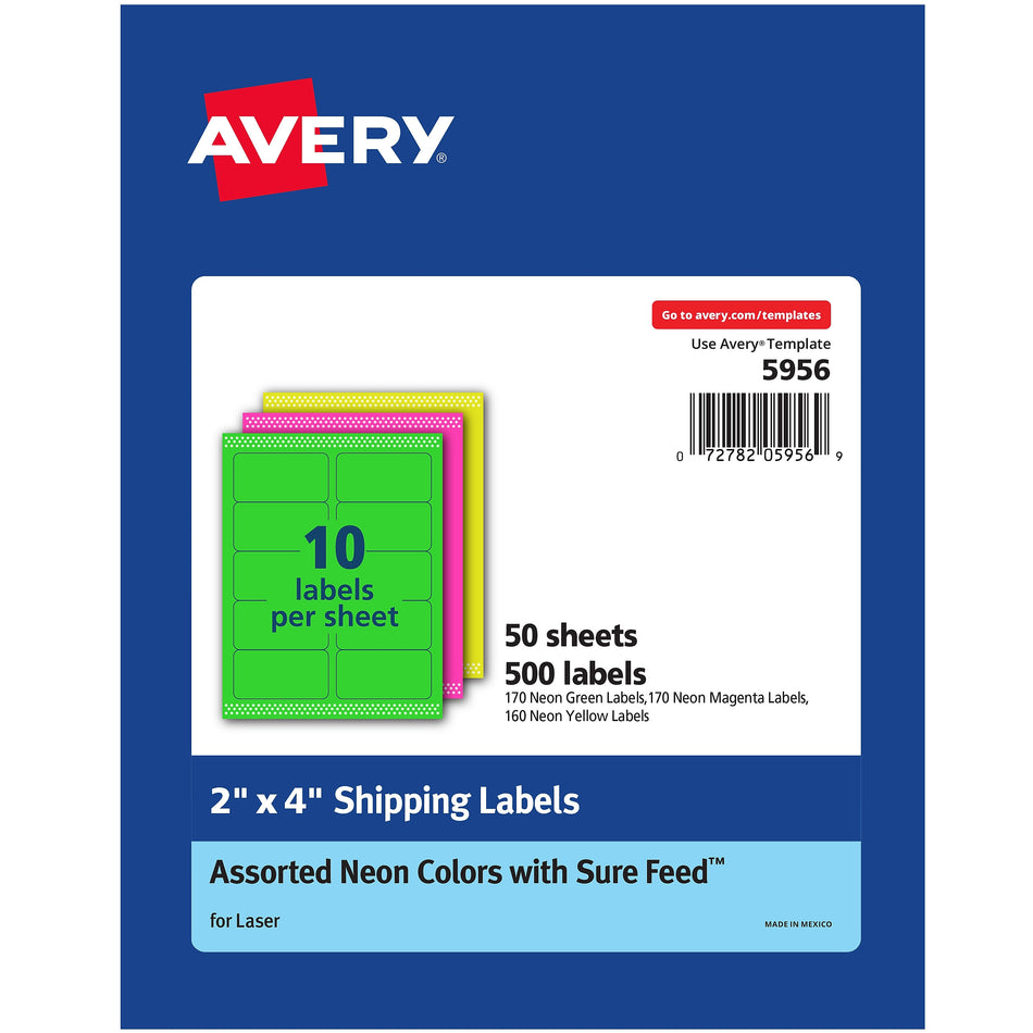 Avery Sure Feed Laser Shipping Labels, 2"x 4", Neon Assorted, 10 Labels/Sheet, 50 Sheets/Box