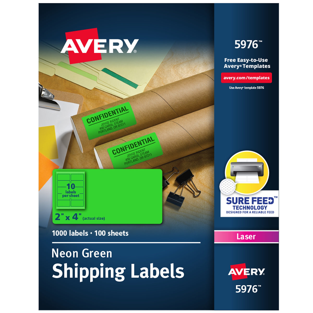 Avery Sure Feed Laser Shipping Labels, 2"x 4", Neon Green, 10 Labels/Sheet, 100 Sheets/Box