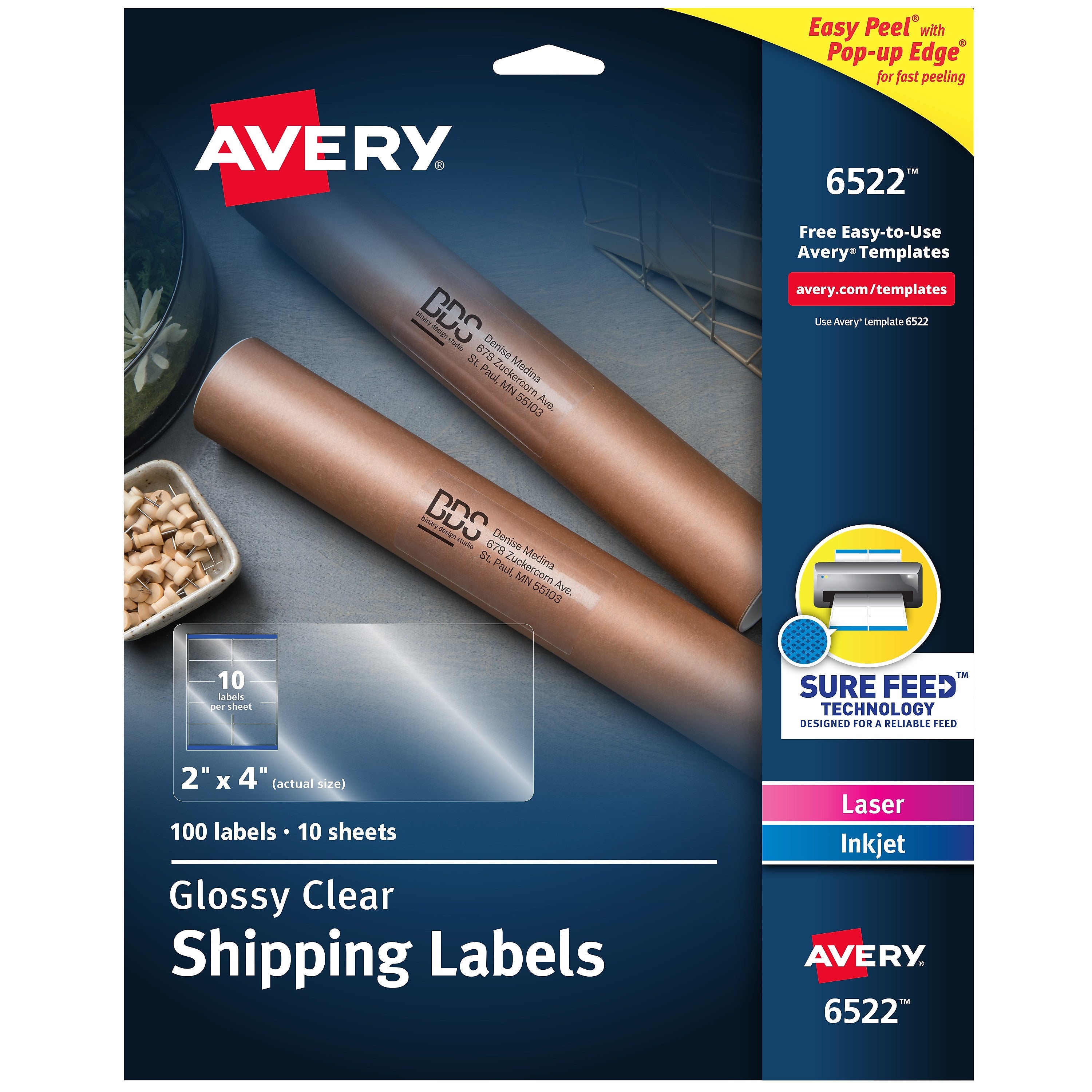 Avery Sure Feed Laser/Inkjet Shipping Labels, 2" x 4", Glossy Clear, 10 Labels/Sheet, 50 Sheets/Box, 100 Labels/Box