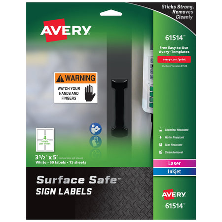 Avery Surface Safe Laser/Inkjet Label Safety Signs, 3 1/2" x 5", White, 4 Labels/Sheet, 15 Sheets/Pack