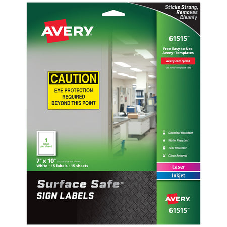 Avery Surface Safe Laser/Inkjet Label Safety Signs, 7" x 10", White, 1 Label/Sheet, 15 Sheets/Pack