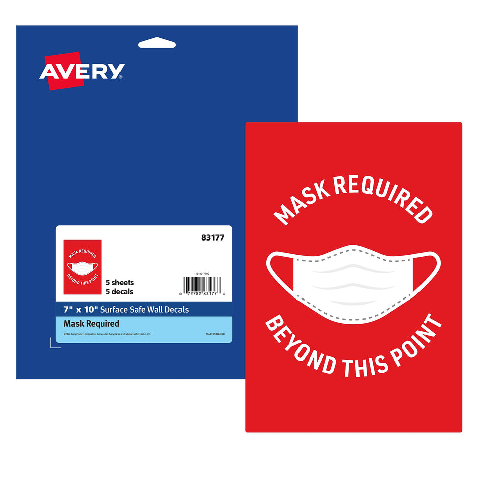 Avery Surface Safe "Mask Required Beyond This Point" Preprinted Wall Decals, 7" x 10", Red/White, 5 Pack