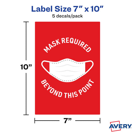 Avery Surface Safe "Mask Required Beyond This Point" Preprinted Wall Decals, 7" x 10", Red/White, 5 Pack