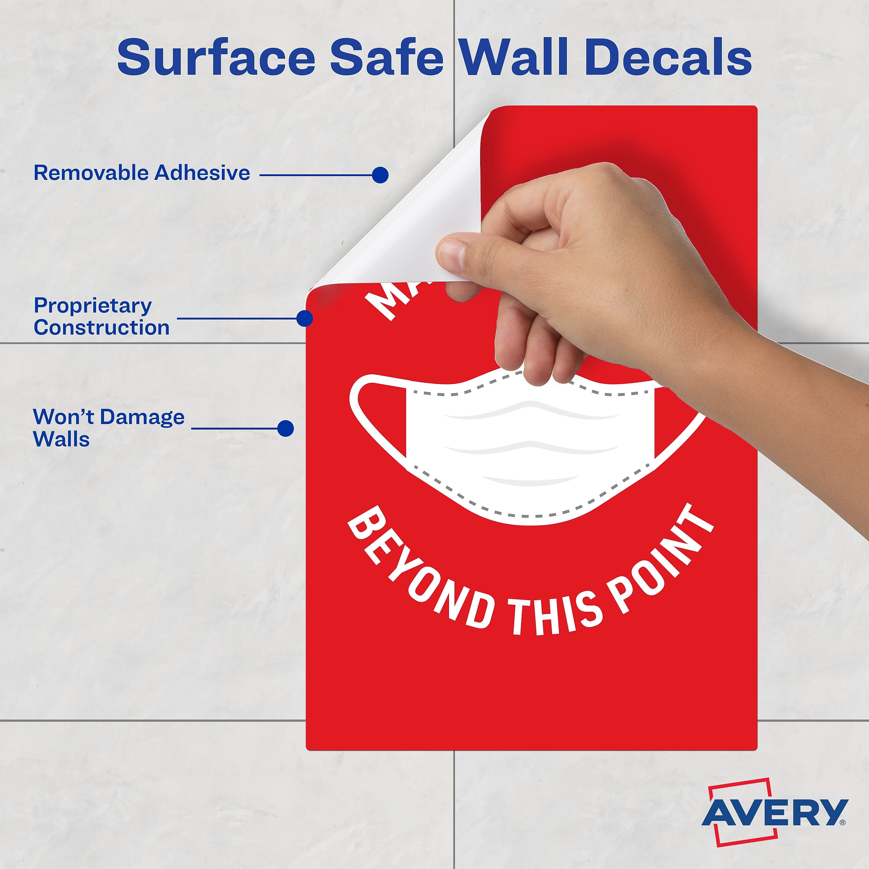 Avery Surface Safe "Mask Required Beyond This Point" Preprinted Wall Decals, 7" x 10", Red/White, 5 Pack