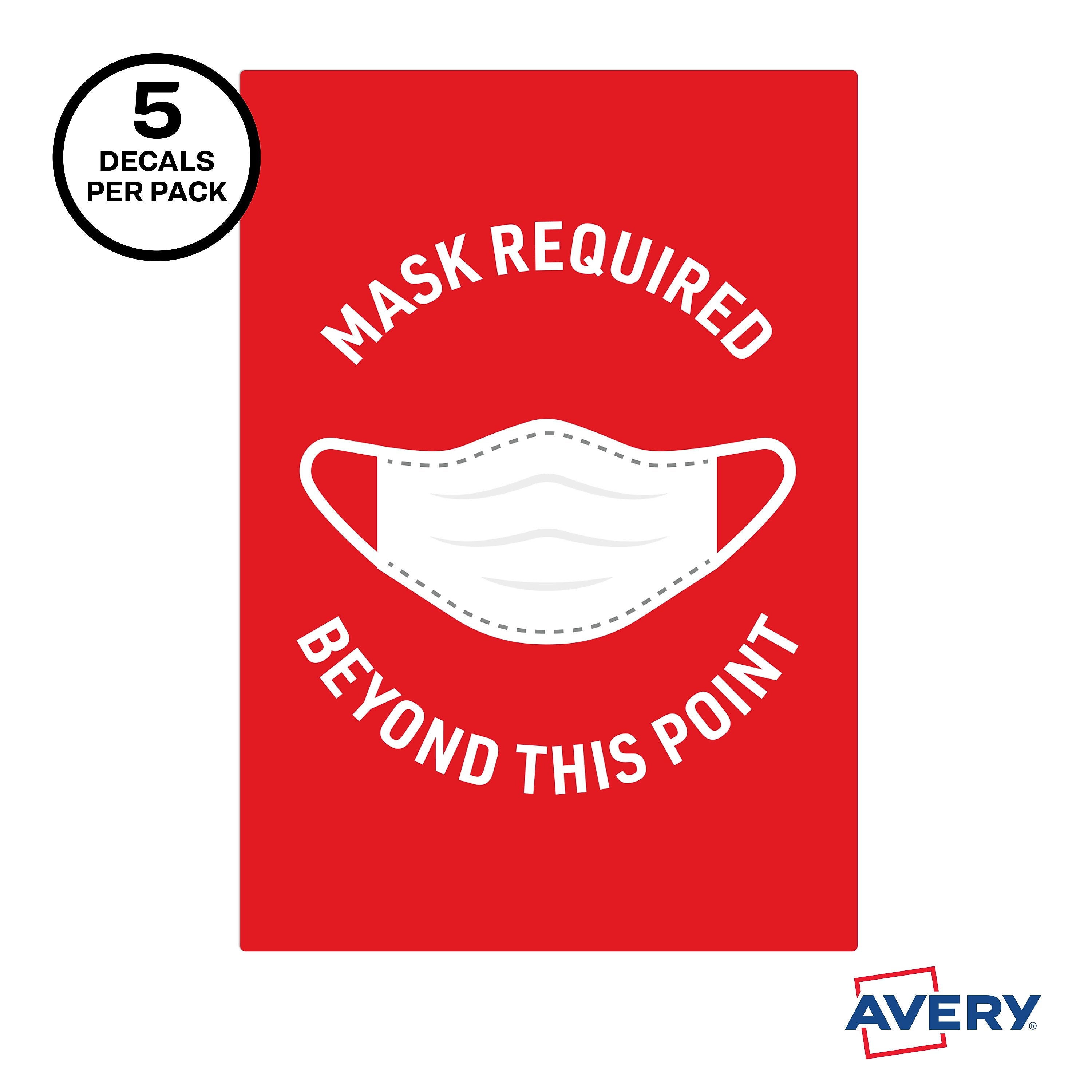 Avery Surface Safe "Mask Required Beyond This Point" Preprinted Wall Decals, 7" x 10", Red/White, 5 Pack