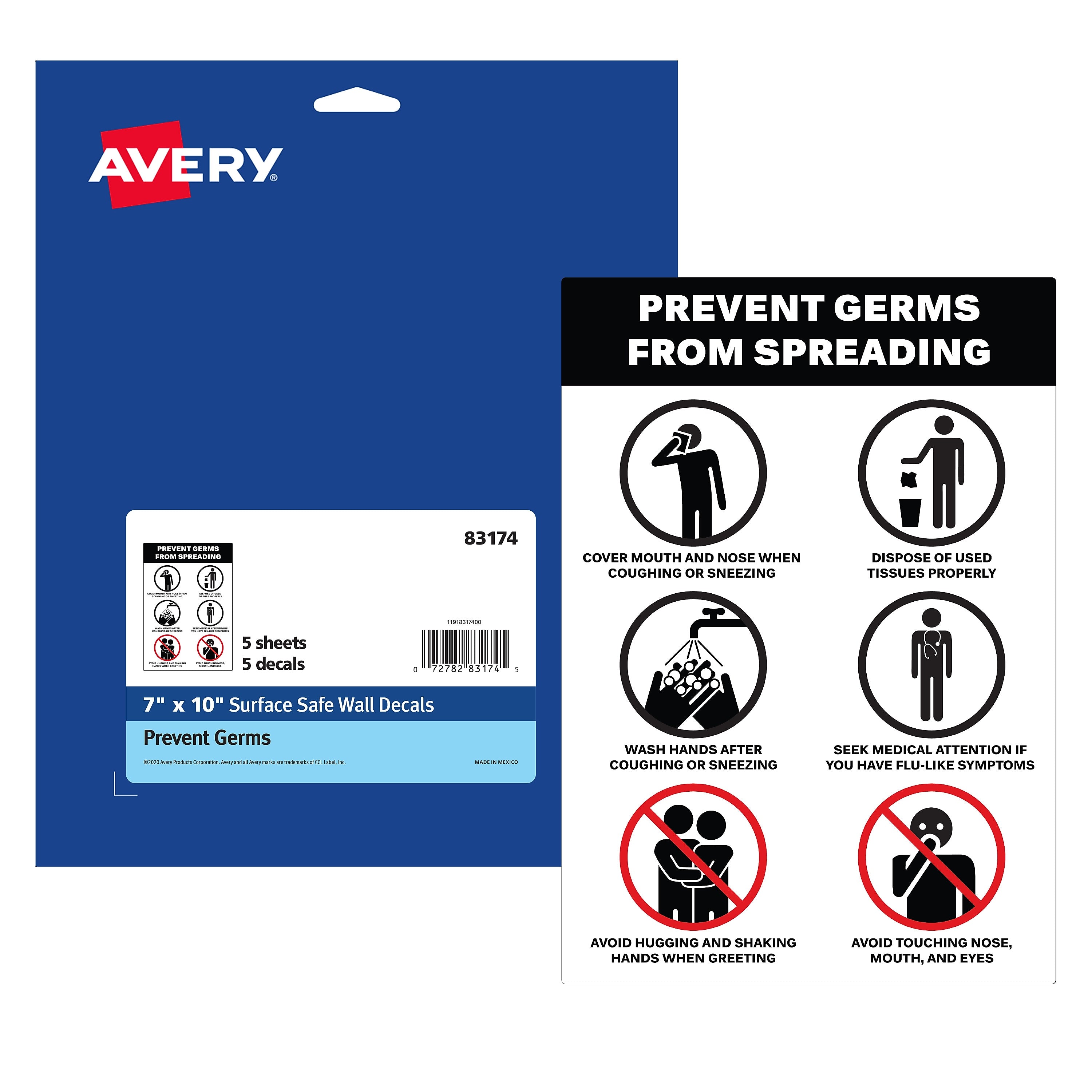 Avery Surface Safe "Prevent Germs from Spreading" Preprinted Wall Decals, 7" x 10", White/Black, 5/Pack