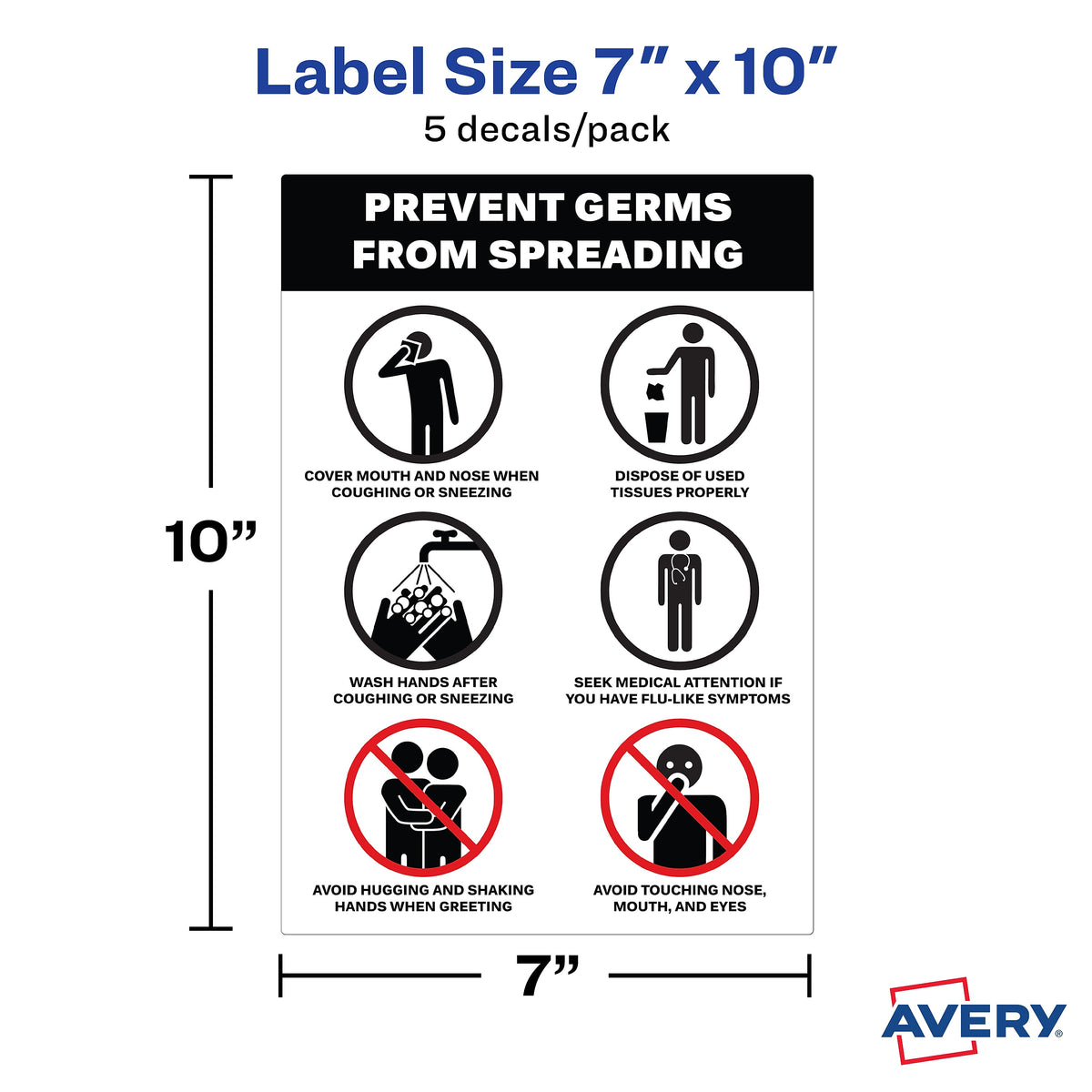 Avery Surface Safe "Prevent Germs from Spreading" Preprinted Wall Decals, 7" x 10", White/Black, 5/Pack