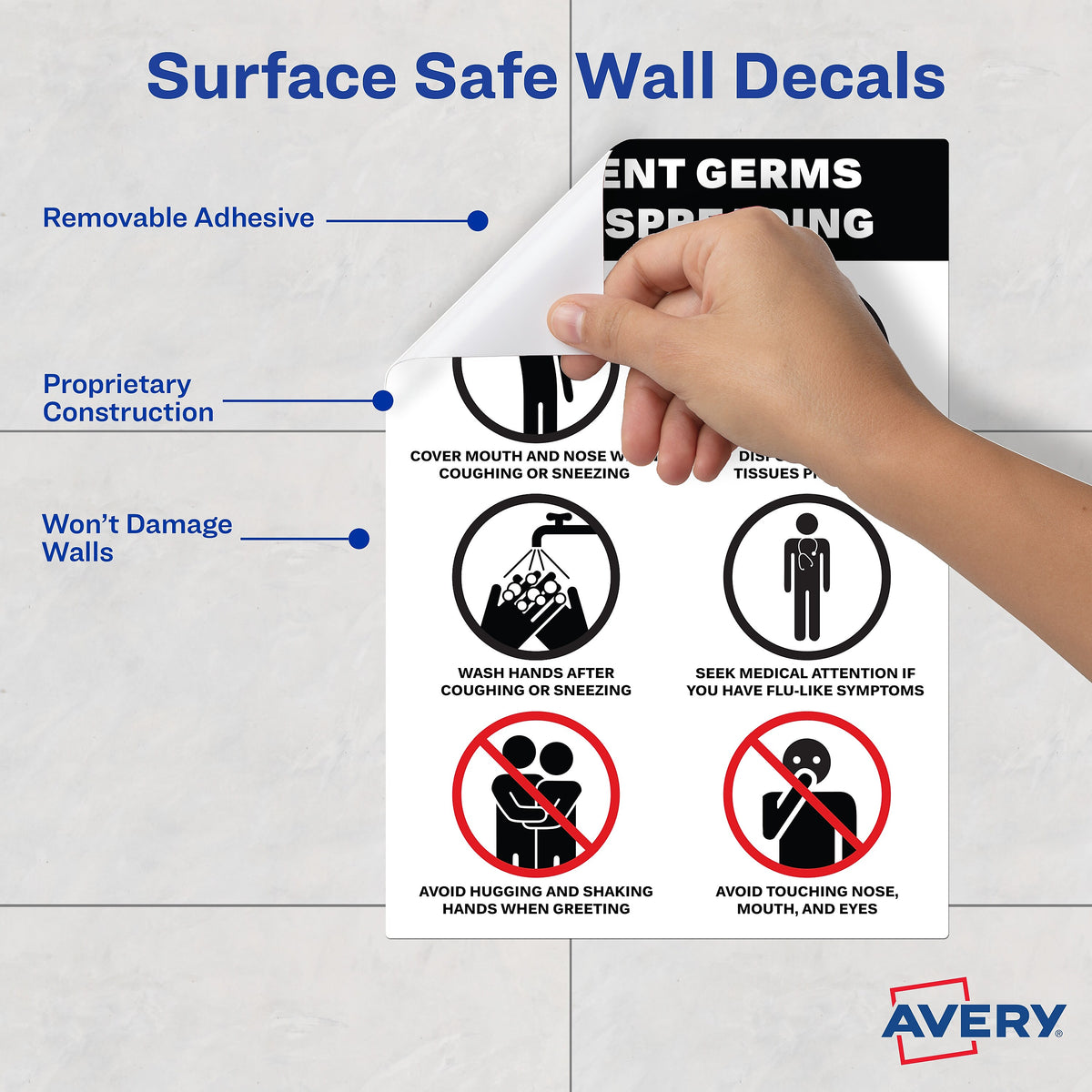 Avery Surface Safe "Prevent Germs from Spreading" Preprinted Wall Decals, 7" x 10", White/Black, 5/Pack