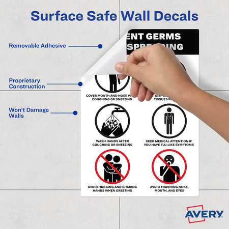 Avery Surface Safe "Prevent Germs from Spreading" Preprinted Wall Decals, 7" x 10", White/Black, 5/Pack