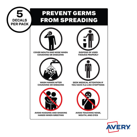 Avery Surface Safe "Prevent Germs from Spreading" Preprinted Wall Decals, 7" x 10", White/Black, 5/Pack