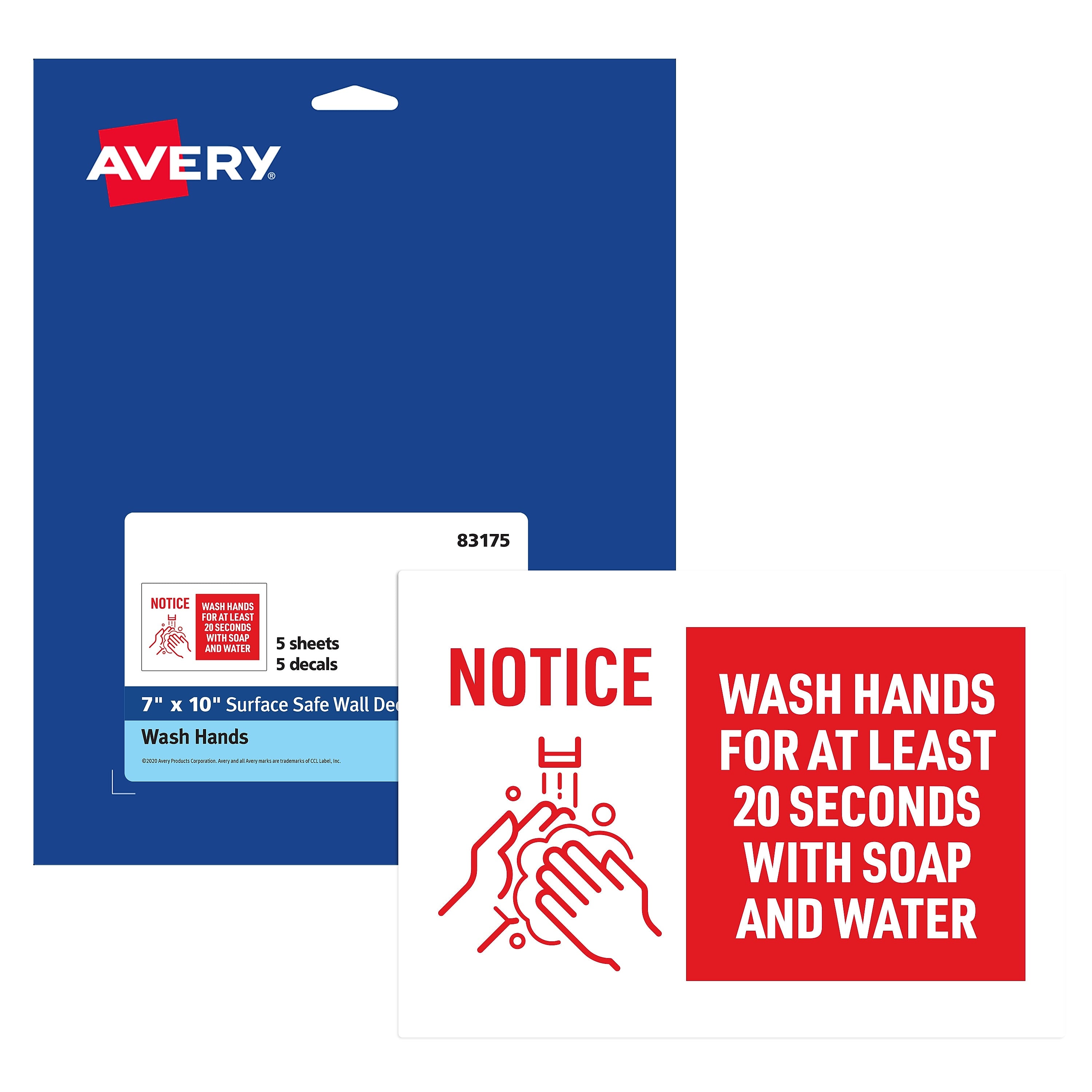 Avery Surface Safe "Wash Hands" Preprinted Wall Decals, 7" x 10", White/Red, 5/Pack