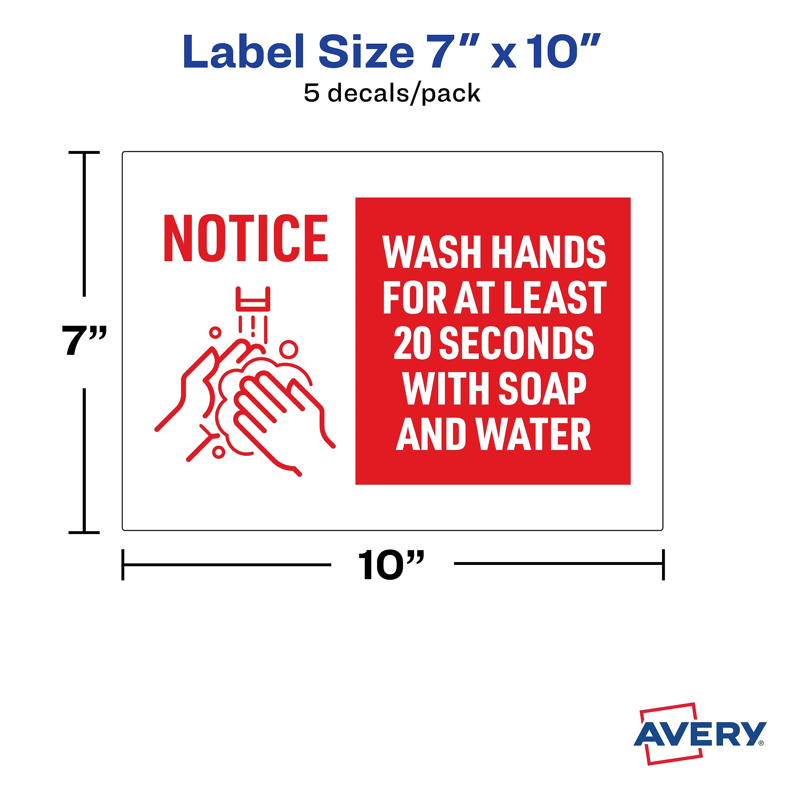 Avery Surface Safe "Wash Hands" Preprinted Wall Decals, 7" x 10", White/Red, 5/Pack