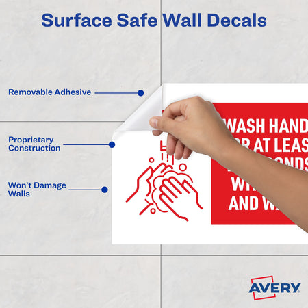 Avery Surface Safe "Wash Hands" Preprinted Wall Decals, 7" x 10", White/Red, 5/Pack