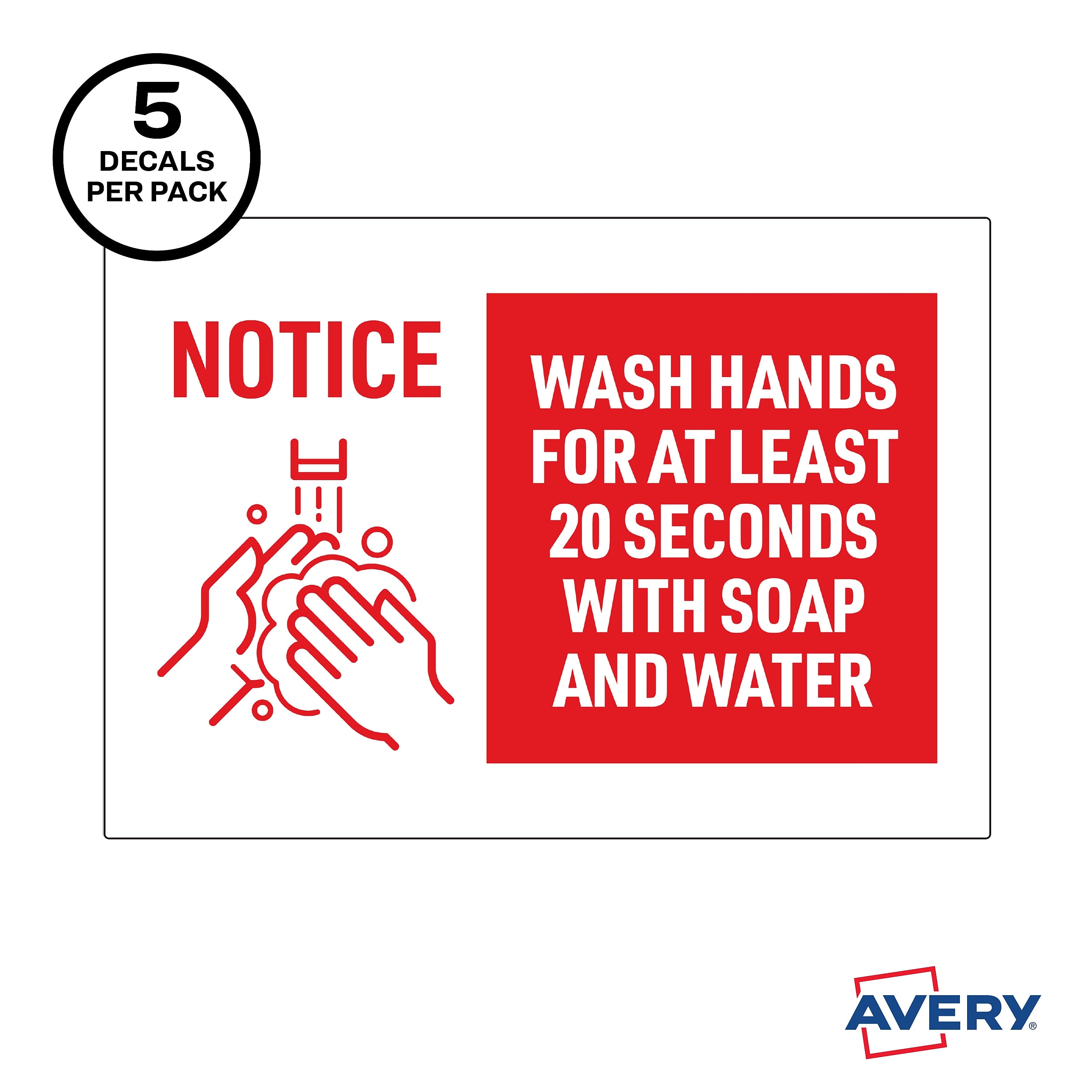 Avery Surface Safe "Wash Hands" Preprinted Wall Decals, 7" x 10", White/Red, 5/Pack